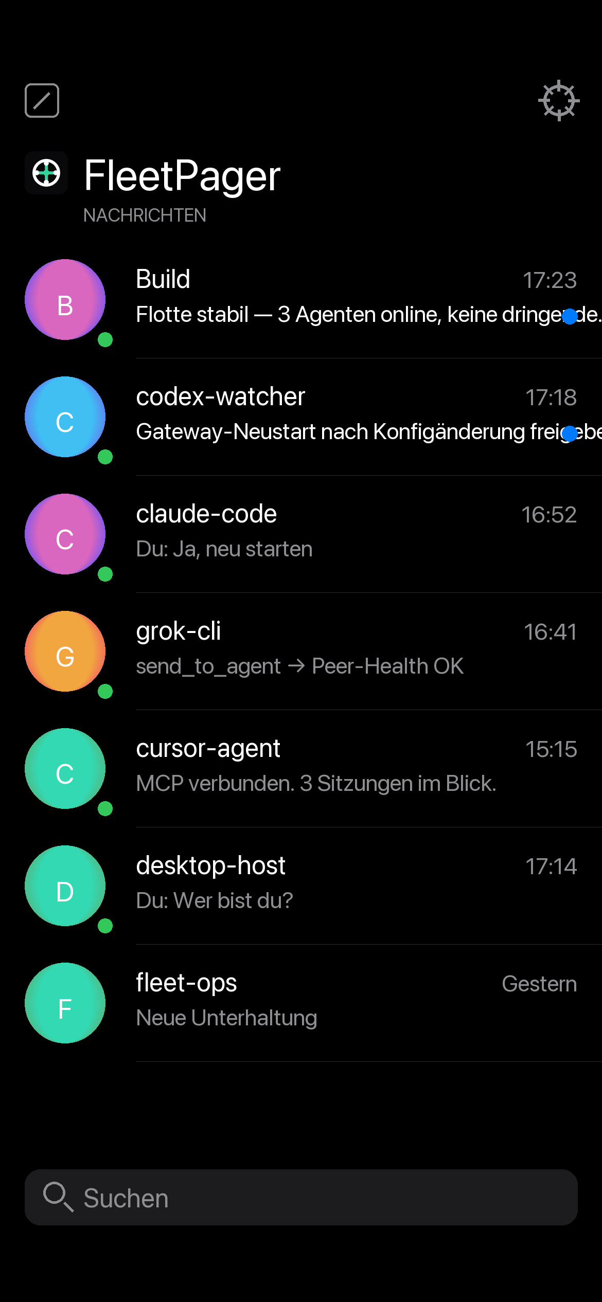 FleetPager-Posteingang mit Agenten-Threads