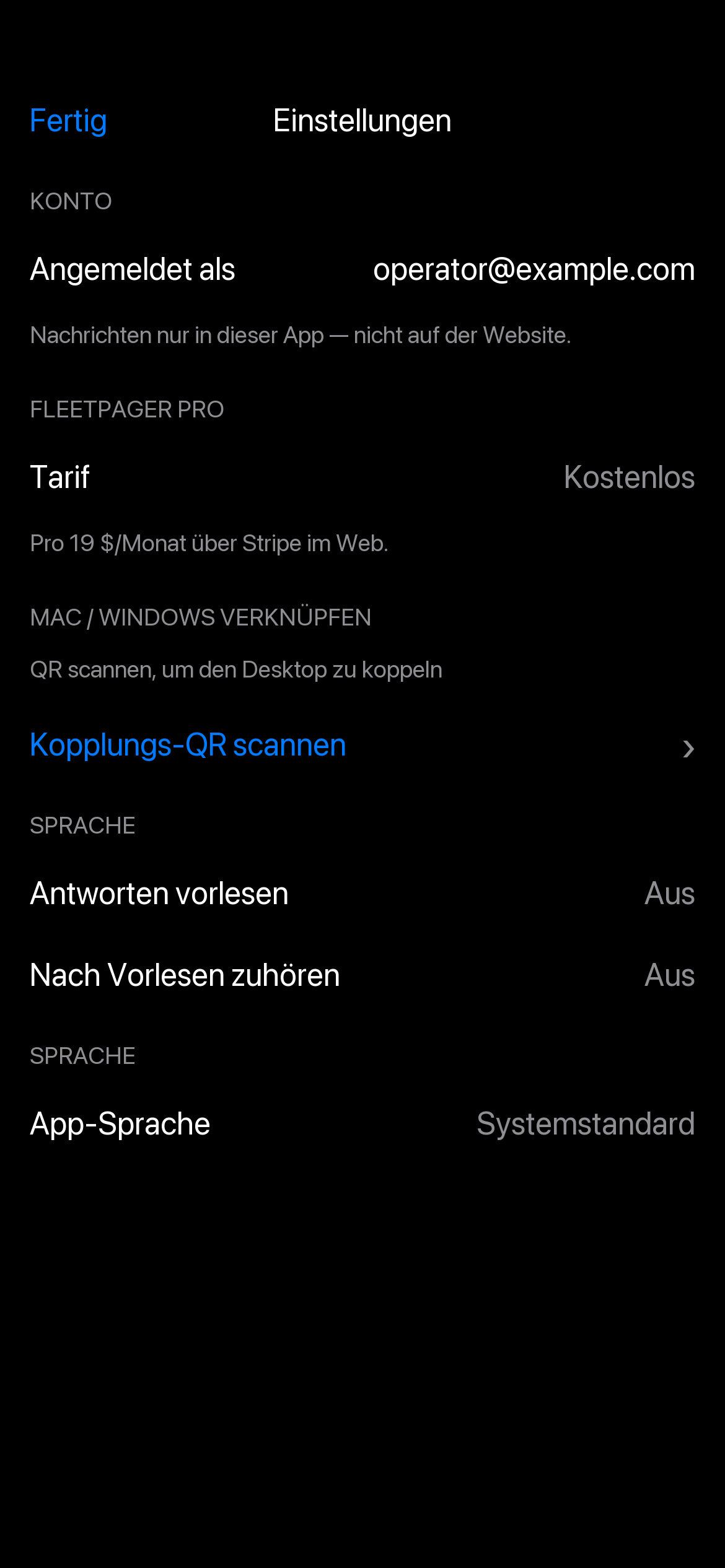 Einstellungen mit Sprache, Fleet-Key und Abrechnung