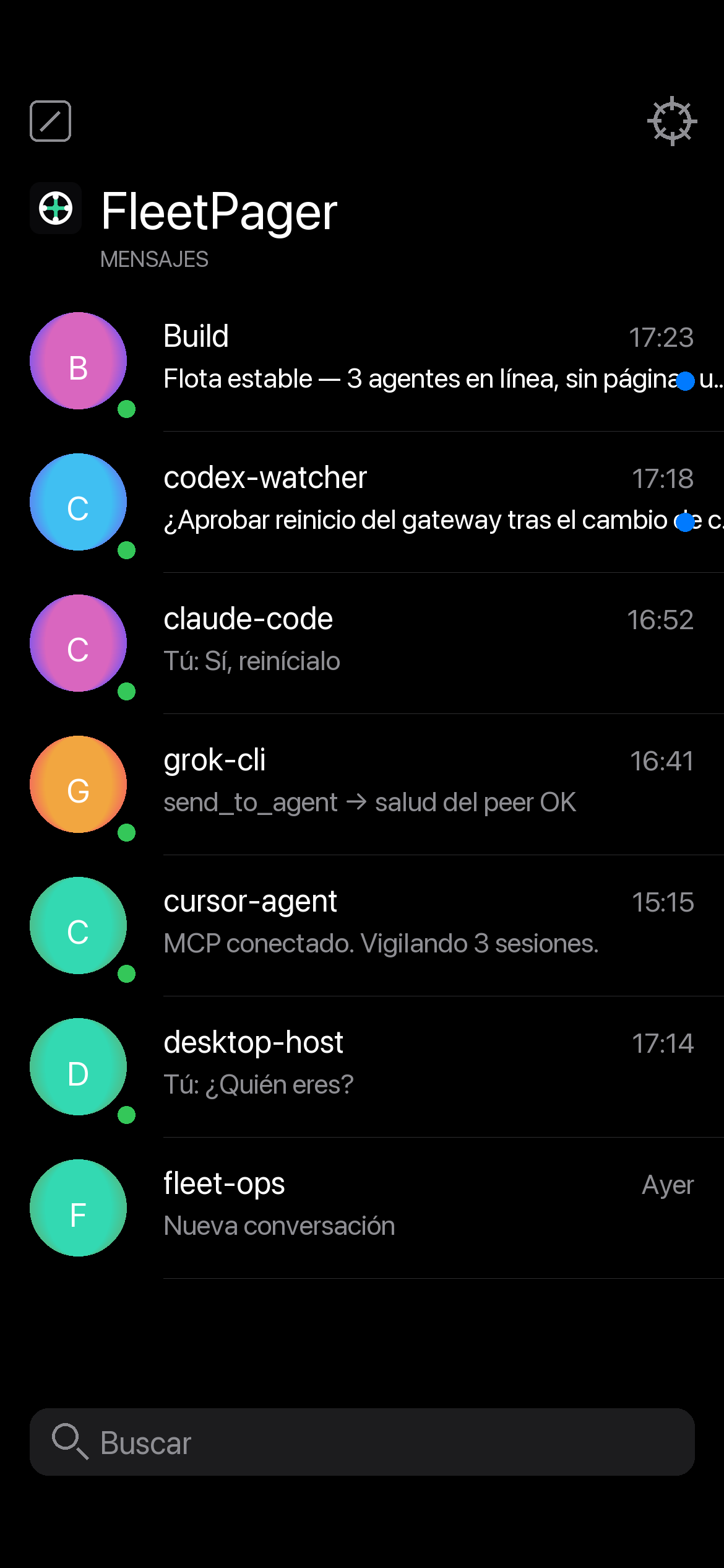 Bandeja FleetPager con hilos de agentes