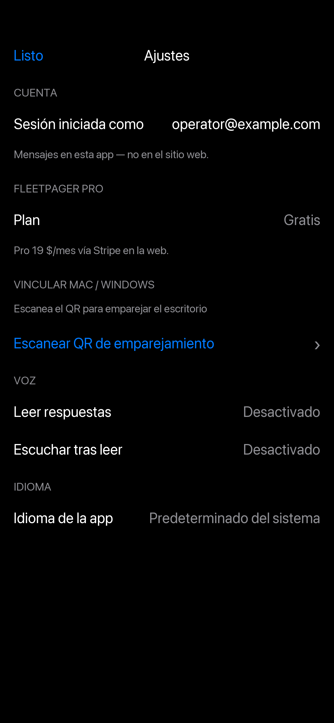 Ajustes con voz, clave de flota y facturación