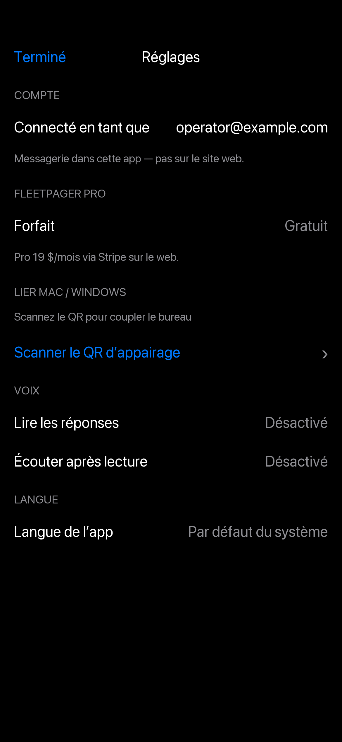 Réglages avec voix, clé de flotte et facturation
