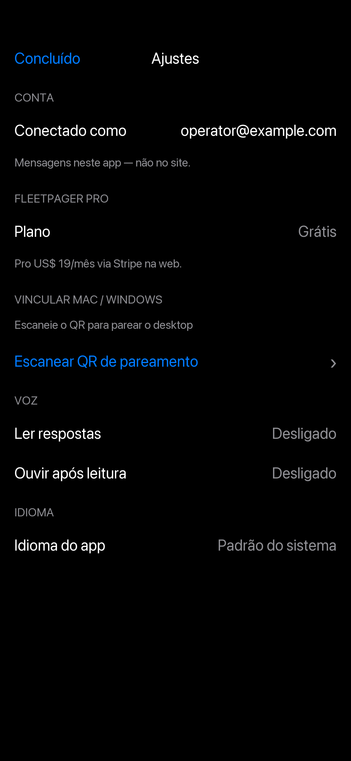 Configurações com voz, chave de frota e cobrança