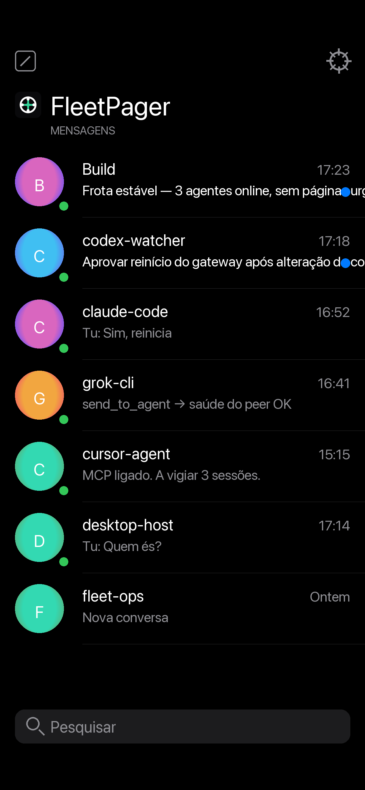 Caixa FleetPager com conversas de agentes