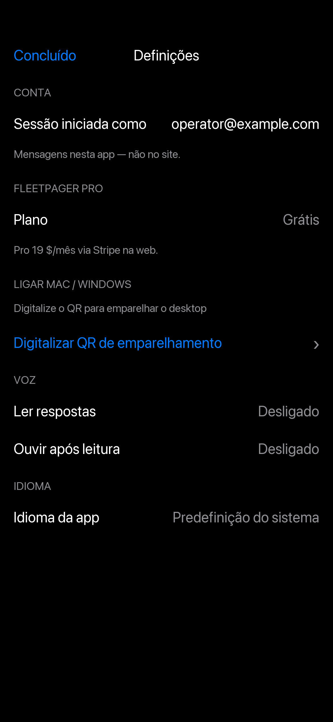 Definições com voz, chave de frota e faturação
